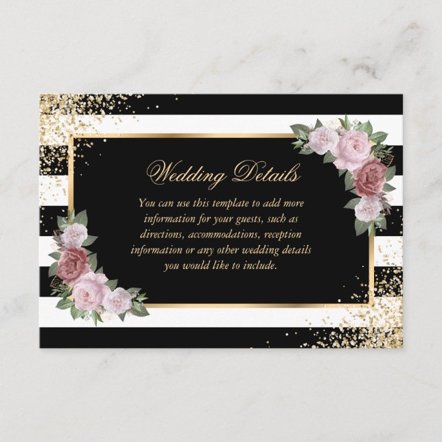 Elegant Black Gold Blush Floral Wedding Details Enclosure Card (Front)