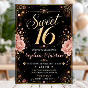Elegant Black Gold Blush Pink Floral Sweet 16 Invitation