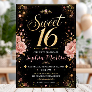 Elegant Black Gold Blush Pink Floral Sweet 16 Invitation