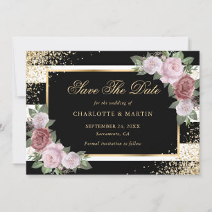 Elegant Black Gold Blush Pink Floral Wedding Save The Date