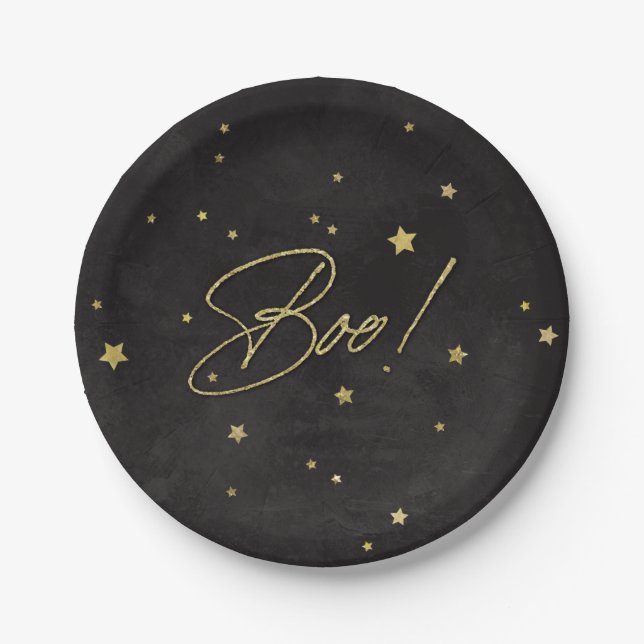 Elegant Black/Gold Boo! Halloween Party Paper Plate (Front)