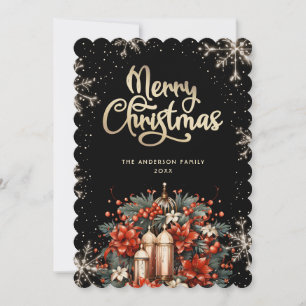Elegant Black Gold Botanical Christmas Card