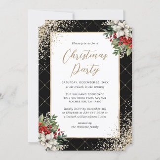 Elegant Black Gold Botanical Christmas Party Invitation