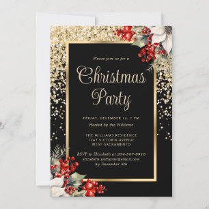 Elegant Black Gold Botanical Christmas Party Invitation