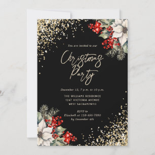 Elegant Black Gold Botanical Christmas Party Invitation