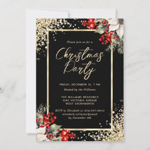 Elegant Black Gold Botanical Christmas Party Invitation