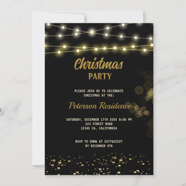 Elegant Black Gold Bow Christmas Holiday Party Invitation (Front)