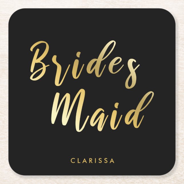 Elegant black & gold bridesmaid square paper coaster (Front)