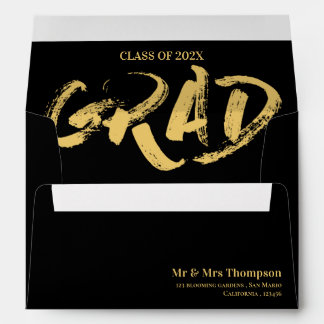Elegant Black Gold Brush Font Grad Graduation Envelope