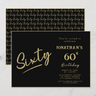 Elegant Black Gold Brush Script 60th Birthday Invitation