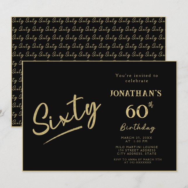 Elegant Black Gold Brush Script 60th Birthday Invitation (Front/Back)