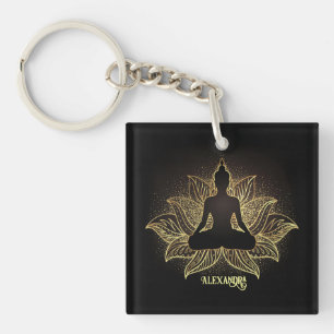 Elegant Black Gold Buddha Meditation Lotus Flower Key Ring