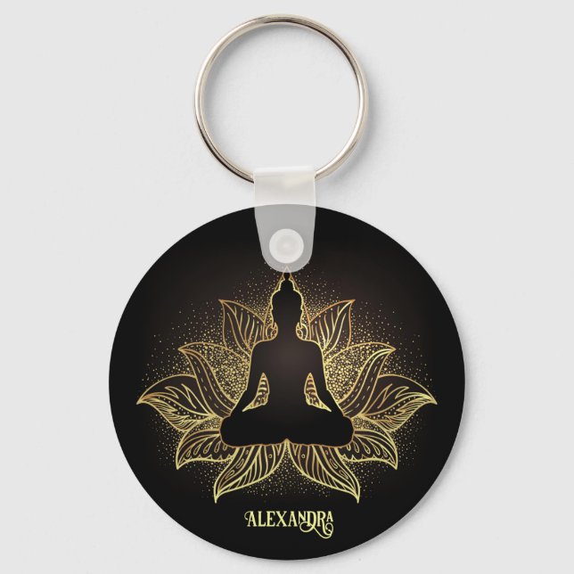 Elegant Black Gold Buddha Meditation Lotus Flower Key Ring (Front)