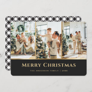 Elegant Black Gold Buffalo Plaid Photo Christmas Holiday Card