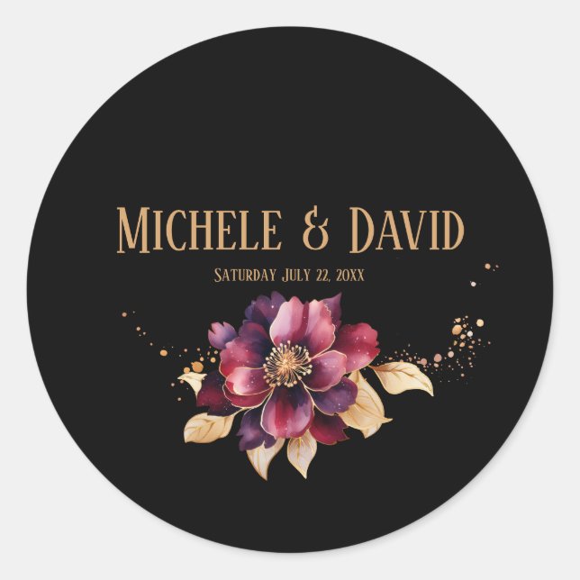 Elegant black gold burgundy Classic Round Sticker (Front)