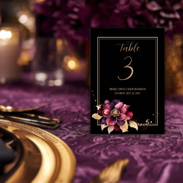 Elegant black gold burgundy double sided table number (Elegant white gold burgundy double sided table number.)