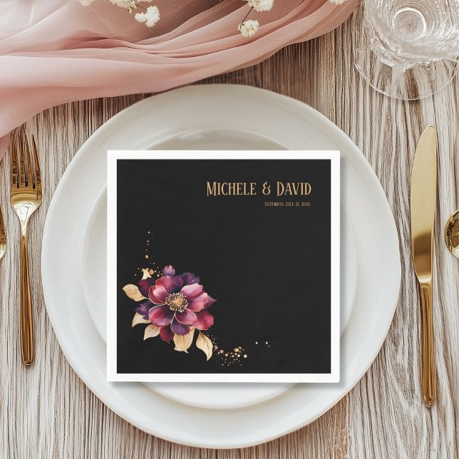 Elegant black gold burgundy name date Standard  Napkin (Creator Uploaded)