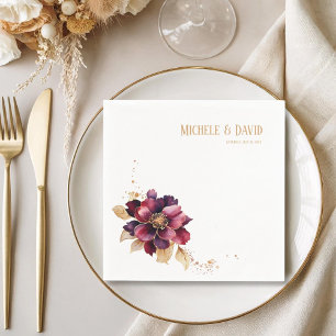 Elegant black gold burgundy name date White Napkin