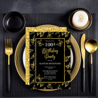Elegant Black Gold Butterflies 100 Birthday Party
