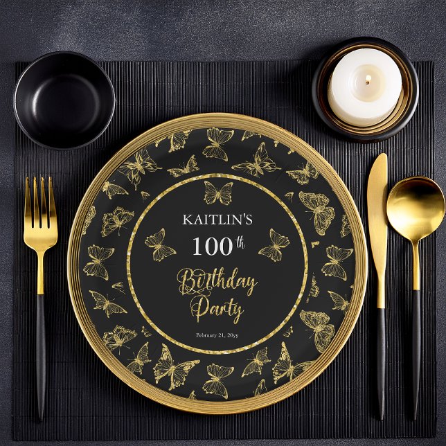 Elegant Black Gold Butterflies 100 Birthday Party Paper Plate (Elegant Black and Faux Gold Glitter Butterflies 100th Birthday Party Flat Paper Plates)