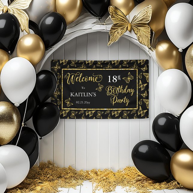 Elegant Black Gold Butterflies 18th Birthday Party Banner (Elegant Black and Faux Gold Glitter Butterflies 18th Birthday Party Banner)