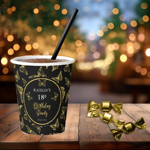 Elegant Black Gold Butterflies 18th Birthday Party Paper Cups