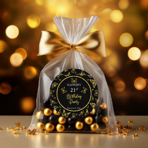 Elegant Black Gold Butterflies 21st Birthday Party Classic Round Sticker