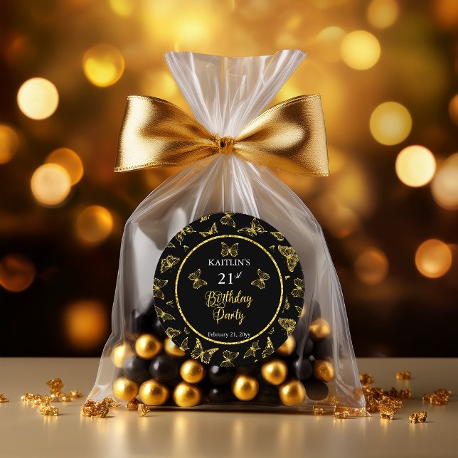Elegant Black Gold Butterflies 21st Birthday Party Classic Round Sticker (Elegant Black and Faux Gold Glitter Butterflies 21st Birthday Party Classic Round Stickers)