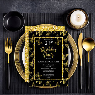 Elegant Black Gold Butterflies 21st Birthday Party Invitation