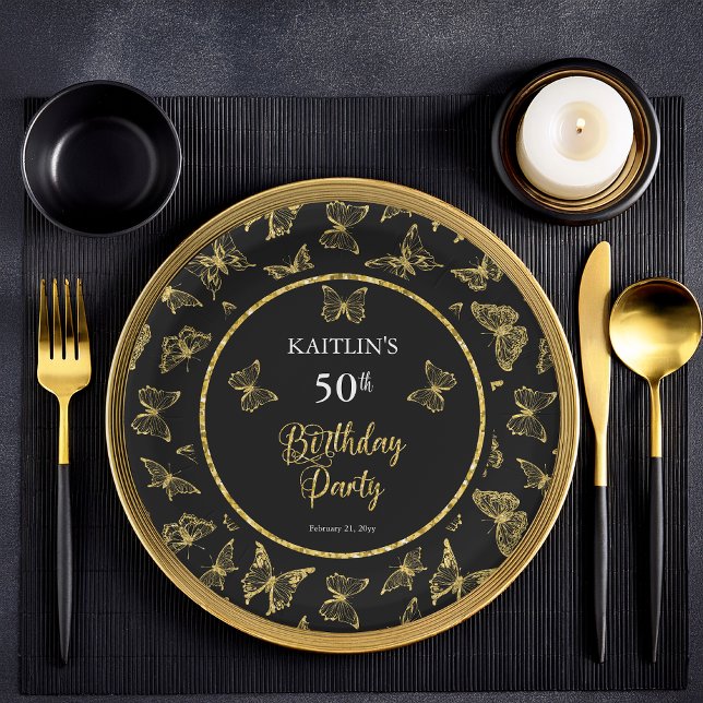Elegant Black Gold Butterflies 50th Birthday Party Paper Plate (Elegant Black and Faux Gold Glitter Butterflies 50th Birthday Party Flat Paper Plates)
