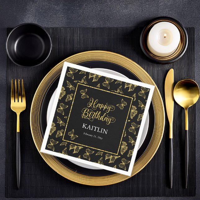 Elegant Black Gold Butterflies Happy Birthday Napkin (Elegant Black and Faux Gold Butterflies "Happy Birthday" Party Paper Napkins)