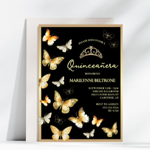 Elegant Black Gold Butterfly Quinceañera Invitation
