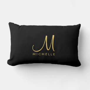 Elegant Black & Gold Calligraphy Monogram Name Lumbar Cushion