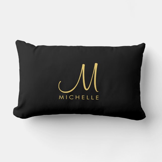 Elegant Black & Gold Calligraphy Monogram Name Lumbar Cushion (Front)