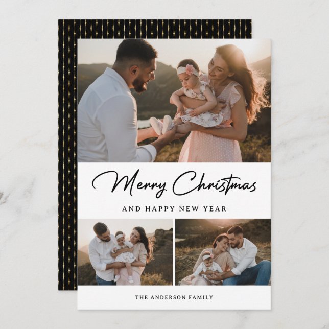 Elegant Black Gold Calligraphy Photo Collage Holiday Card (Front/Back)