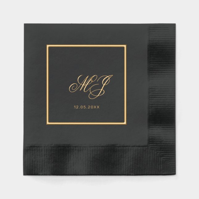 Elegant Black Gold Calligraphy Script Wedding Foil Napkins (Front)