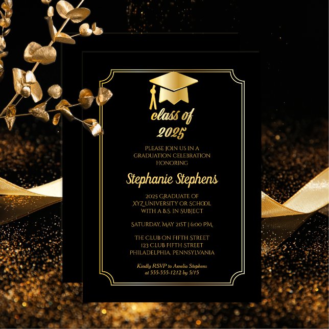 Elegant Black | Gold Cap College Graduation Party Invitation (Elegant Black and Gold Tone Grad Cap College or University Graduation Party Invitation Print Digital)