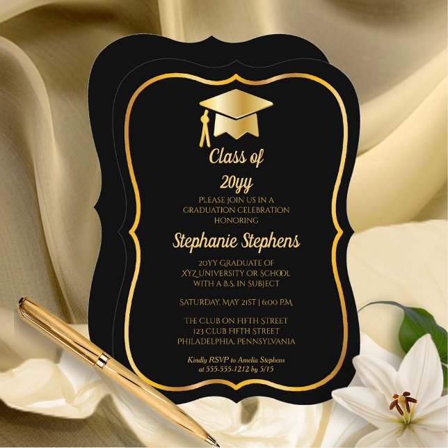 Elegant Black | Gold Cap Graduation Party Invitation (Elegant Black and Gold tone Grad Cap Graduation Party Invitation - Bracket Style - Print | Download)