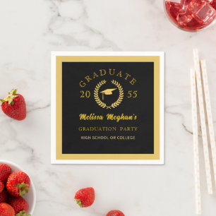 Elegant Black Gold Cap Laurel Wreath Grad Party Napkin