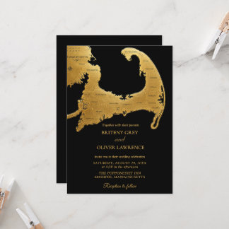 Elegant black gold Cape Cod Map Wedding Invitation