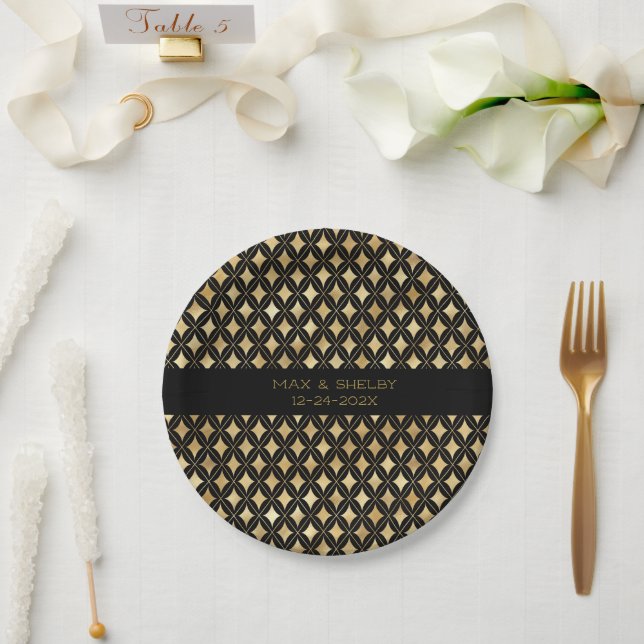 Elegant Black & Gold Carnival Harlequin  Paper Plate (Wedding)
