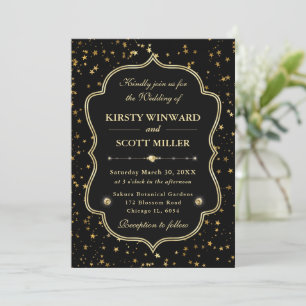 Elegant Black & Gold Celestial Starry Wedding Invitation