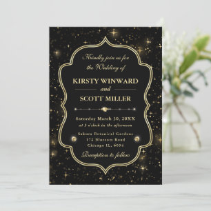 Elegant Black & Gold Celestial Starry Wedding Invitation