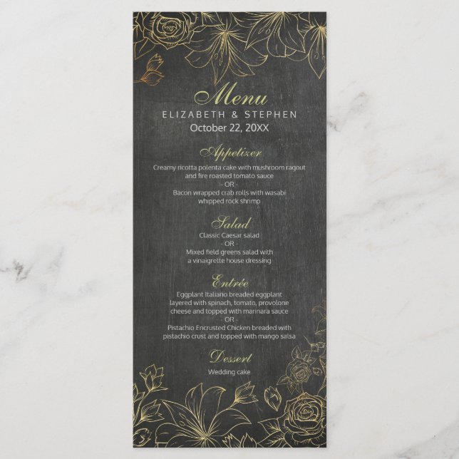 Elegant Black Gold Chalkboard Floral Wedding Menu (Front)