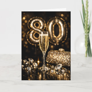 Elegant Black & Gold Champagne 80th Birthday Card