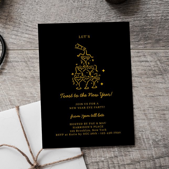 Elegant Black & Gold Champagne New Years Eve Party Holiday Card (Creator Uploaded)