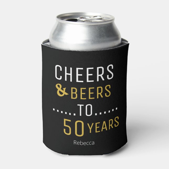 Elegant Black & Gold Cheers & Beers 50th Birthday Can Cooler (Can Front)