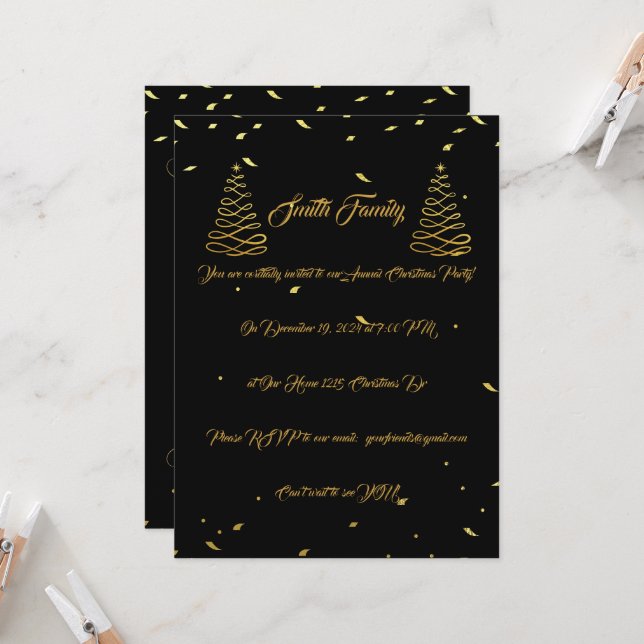 Elegant Black & Gold Christmas Entertaining Invitation (Front/Back In Situ)