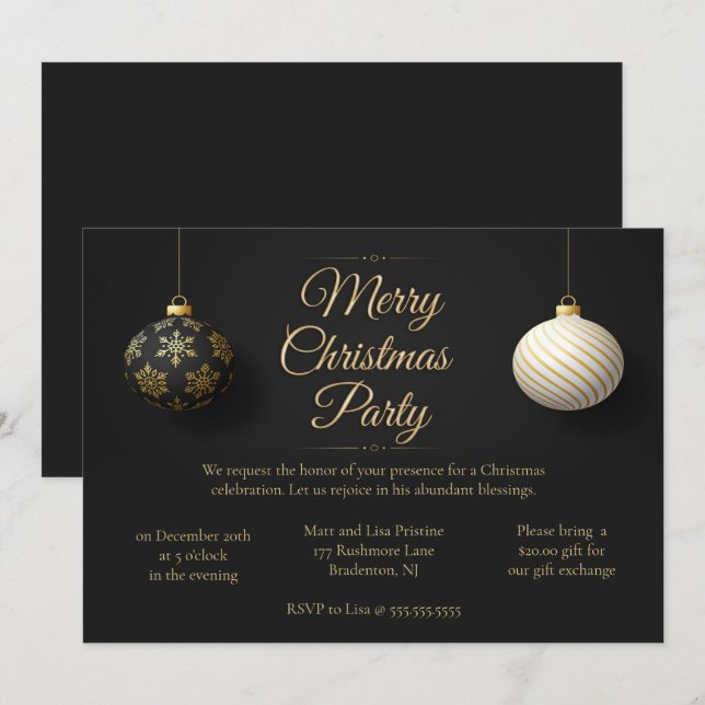 Elegant Black & Gold Christmas Party Invitation (Front/Back)