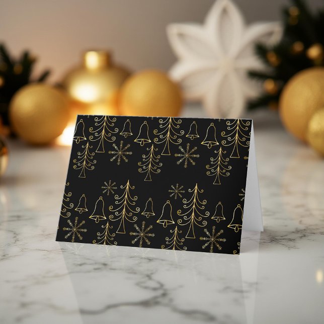 Elegant Black Gold Christmas Tree Bell Snowflake  Holiday Card (Creator Uploaded)